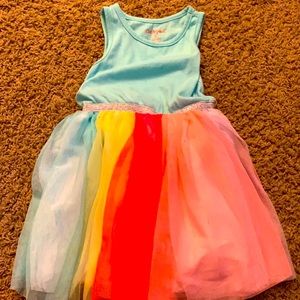 Teal/blue girls dress with rainbow skirt.